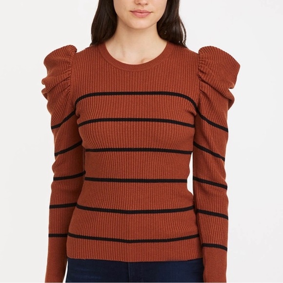 7 For All Mankind Sweaters - 7 for All Mankind Brown Striped Cashmere Blend Puff Shoulder Crew Neck Sweater
